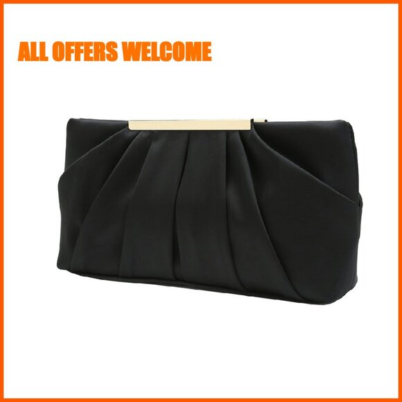 Pleated Satin Evening Clutch with Detachable Chain, Magnetic Closure